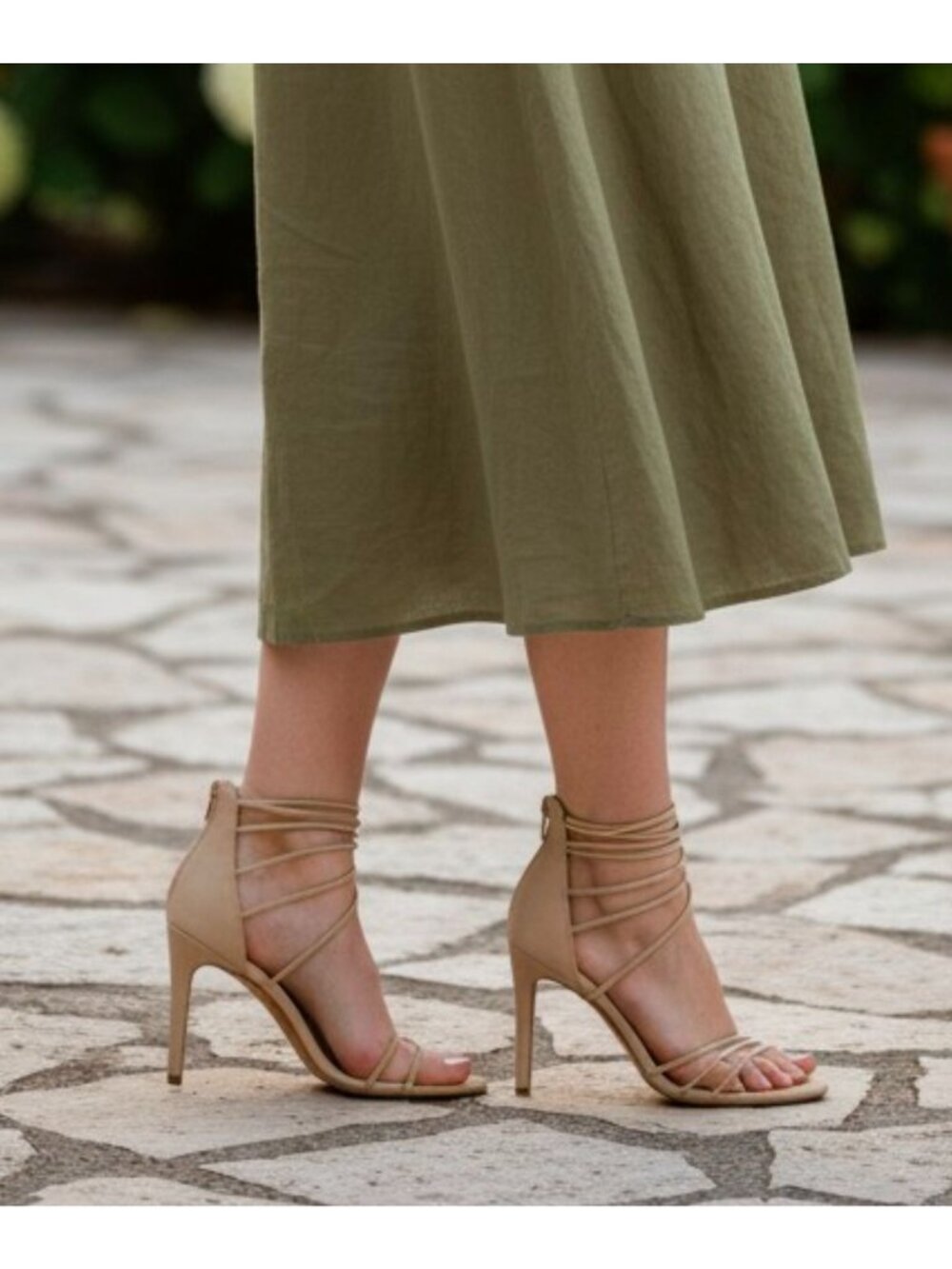 Strappy Natural Heeled Sandals With Zipper Back Closure Stiletto Heel Elegant De - Picture 6 of 12